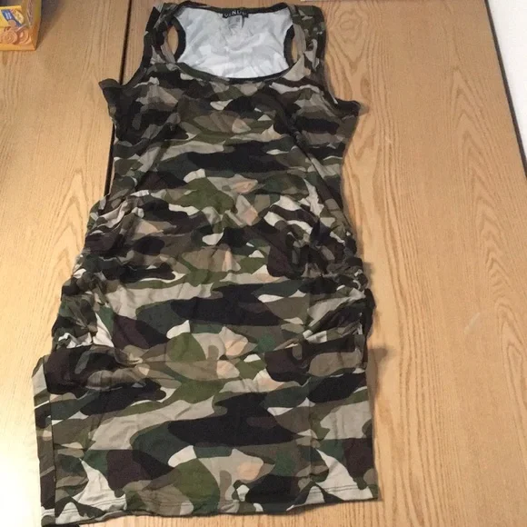 New Women s Sexy Venus Camo Print Ruched Dress Stretchy Soft Sizes Medium Large